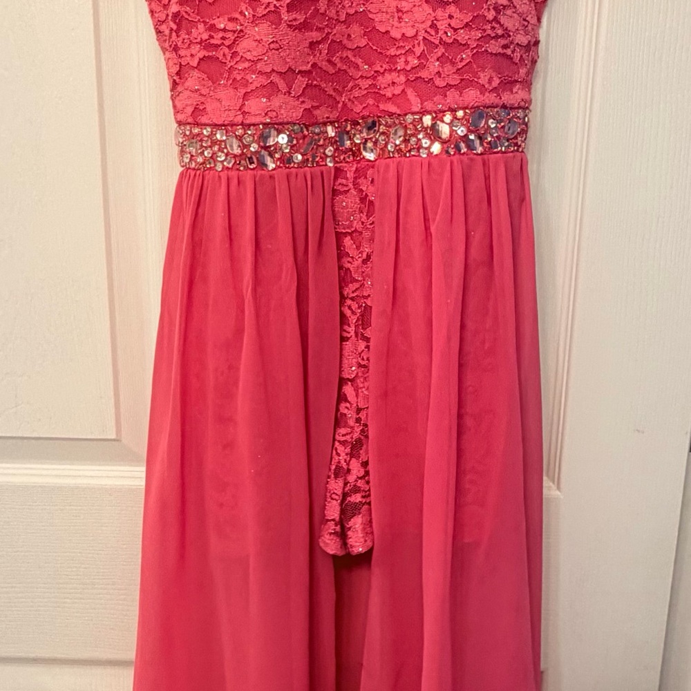 Speechless Coral-Pink Lace & Chiffon Dress with Jeweled Waist